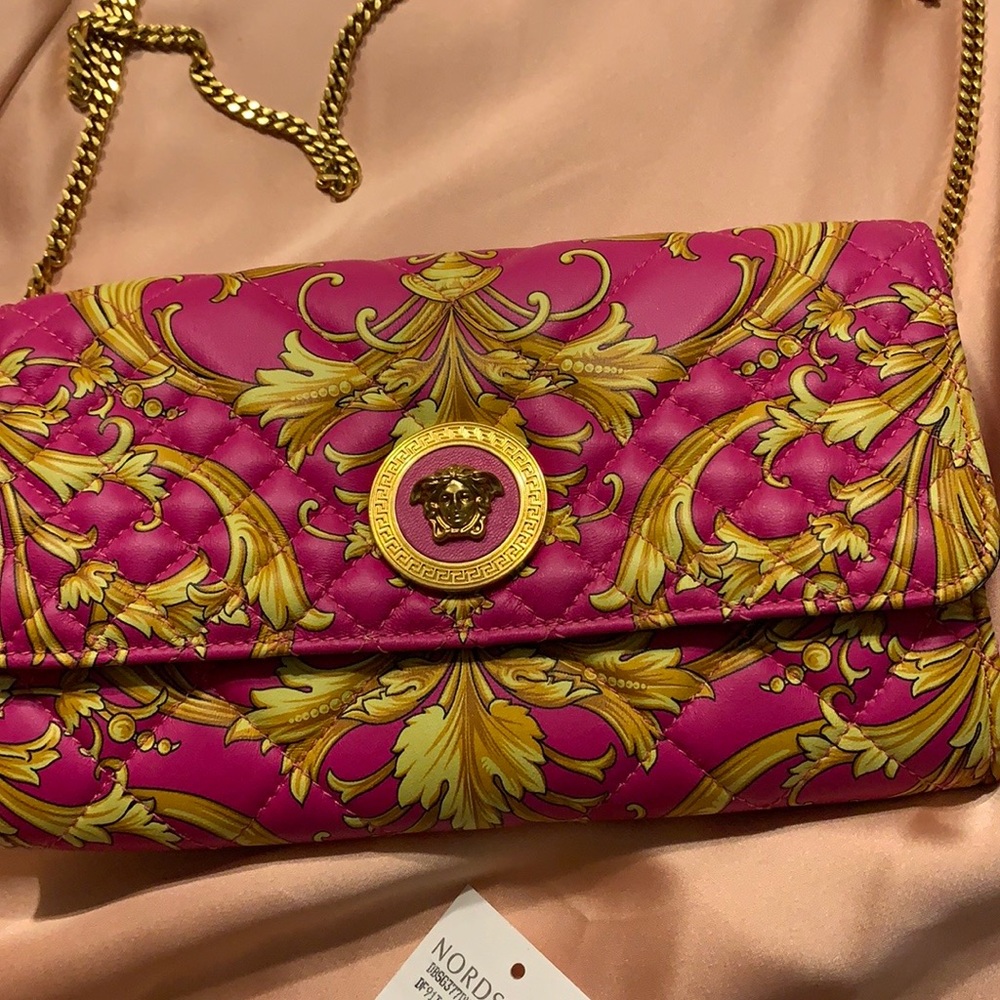Versace Pink and Gold Barocco Quilted Medusa Chain Clutch